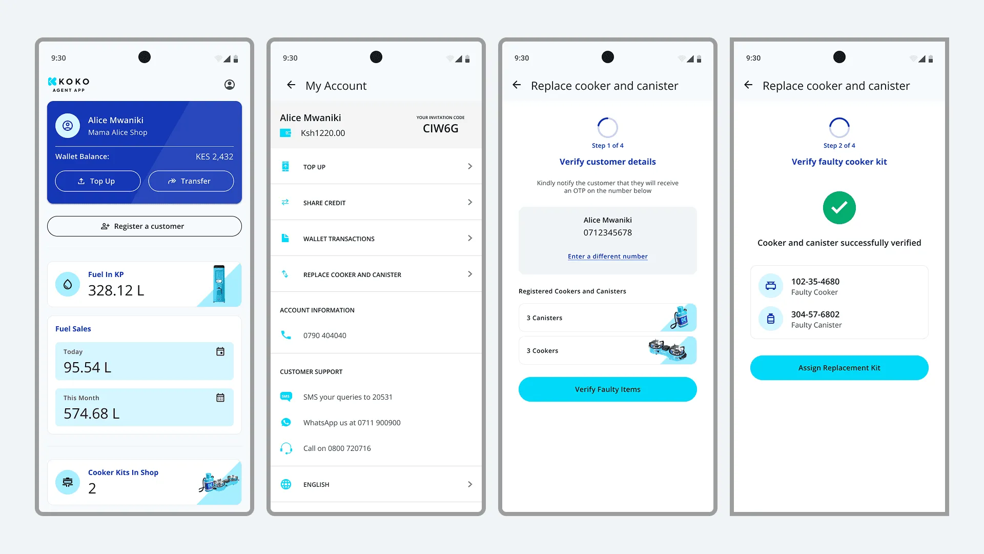 Four Agent App screens: the account home, My Account, “Replace cooker and canister” verifying the customer, and the cooker and canister verified.