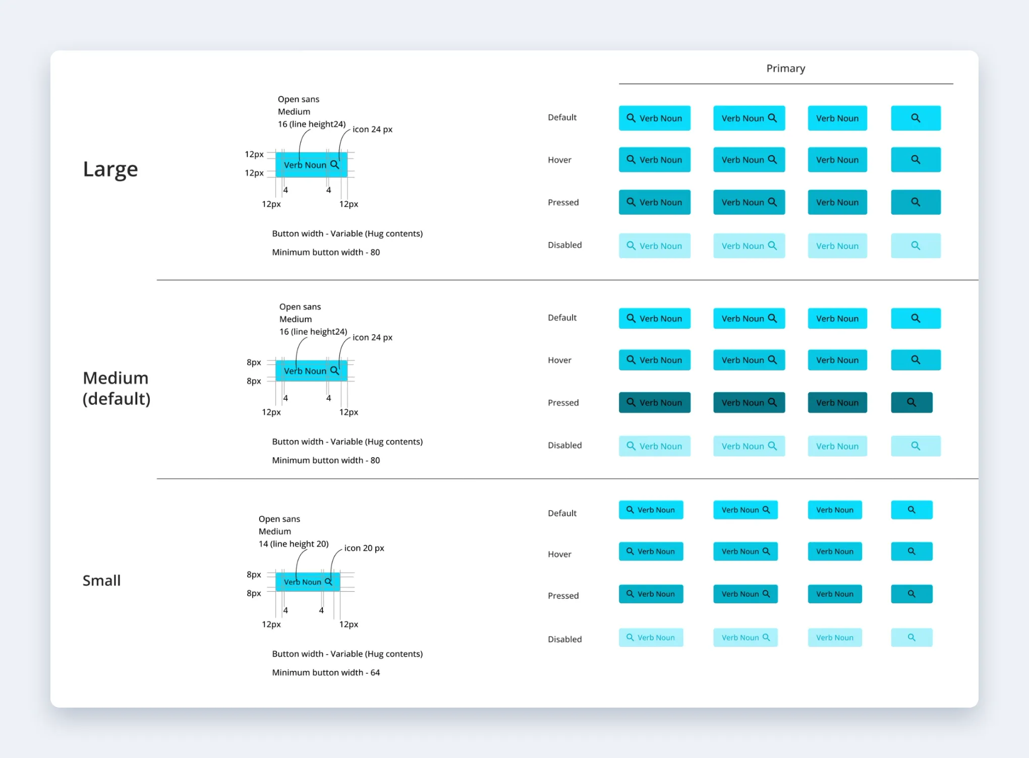 The Maridadi button specification: large, medium and small primary buttons with their type size, padding and icon size, shown in default, hover, pressed and disabled states, with and without icons.