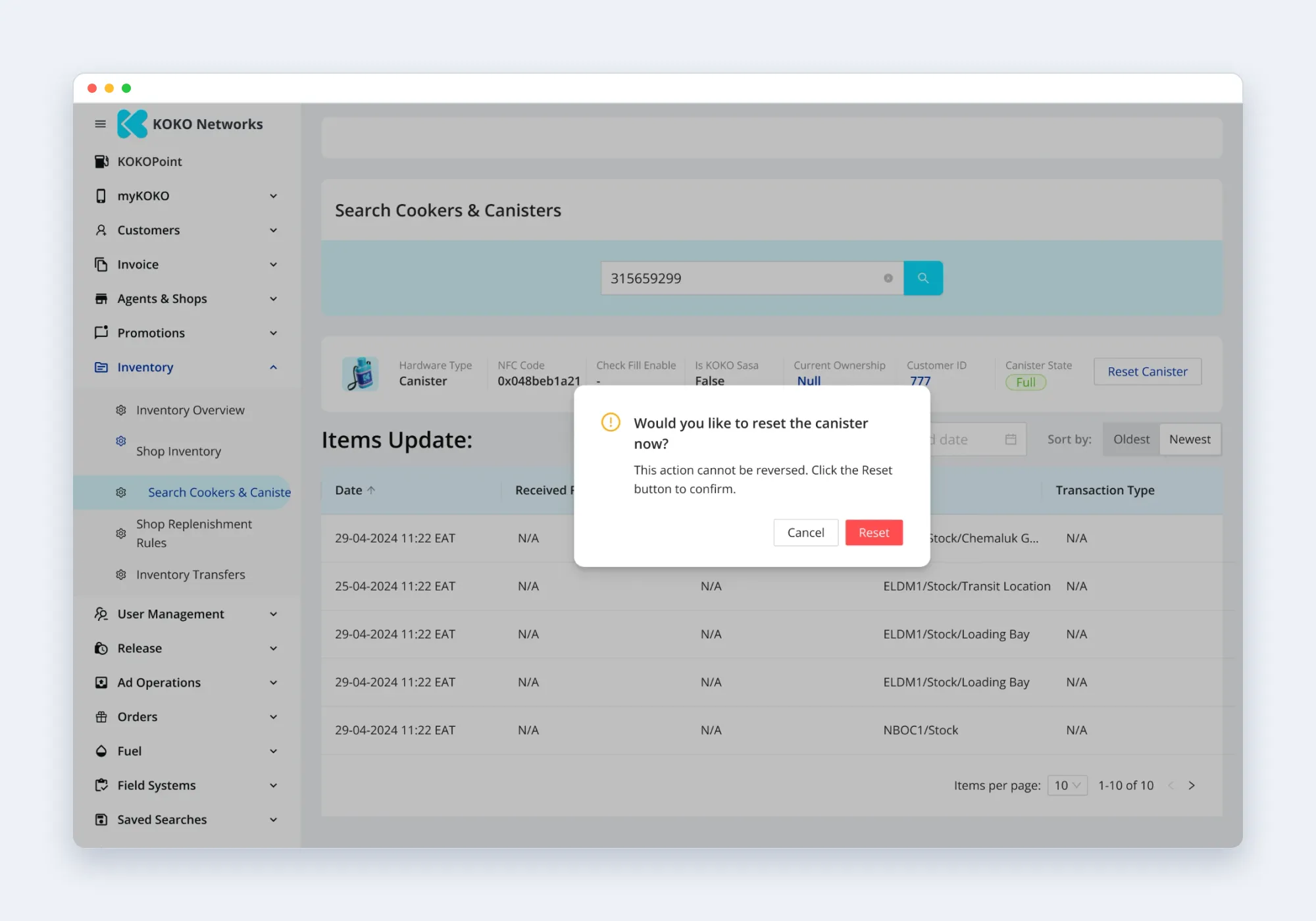 A destructive action in the operations platform: a dialog asking whether to reset the canister, stating the action cannot be reversed, with Cancel and a red Reset button.