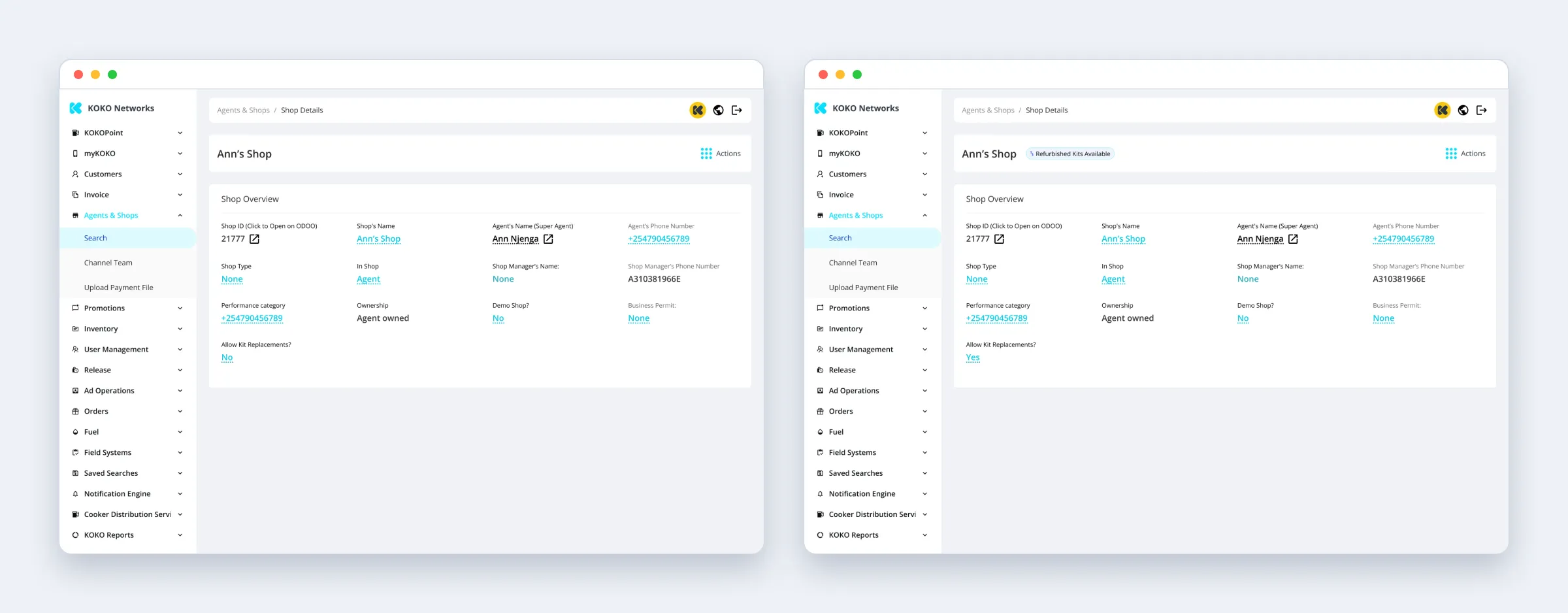 Two views of the same shop details page in the operations platform, side by side: with kit replacements set to No, and set to Yes with a Refurbished Kits Available badge beside the shop name.