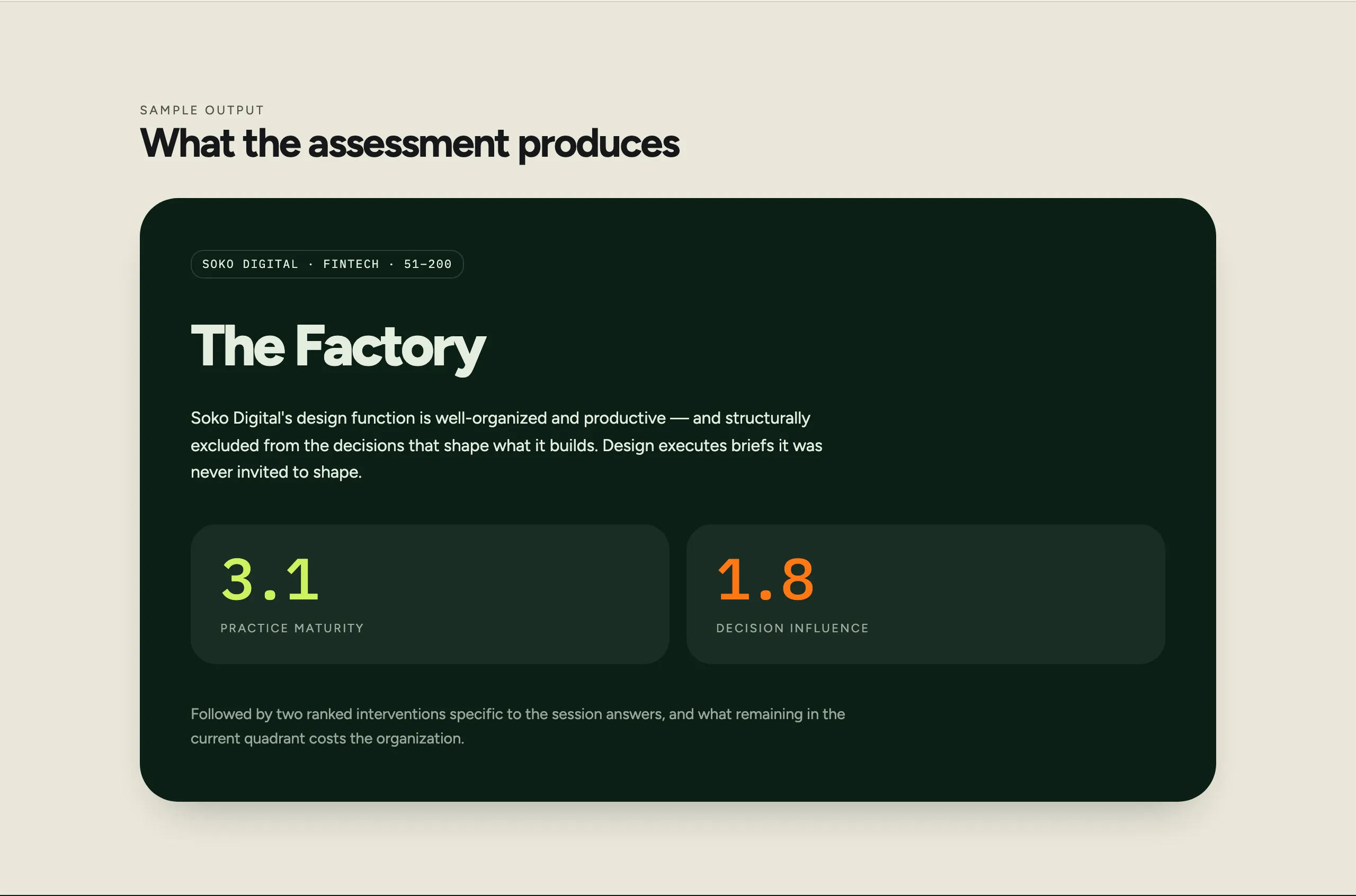 A sample Matrix result for a fintech with 51 to 200 people: The Factory, shown with two score tiles, Practice Maturity 3.1 and Decision Influence 1.8, followed by two ranked interventions.