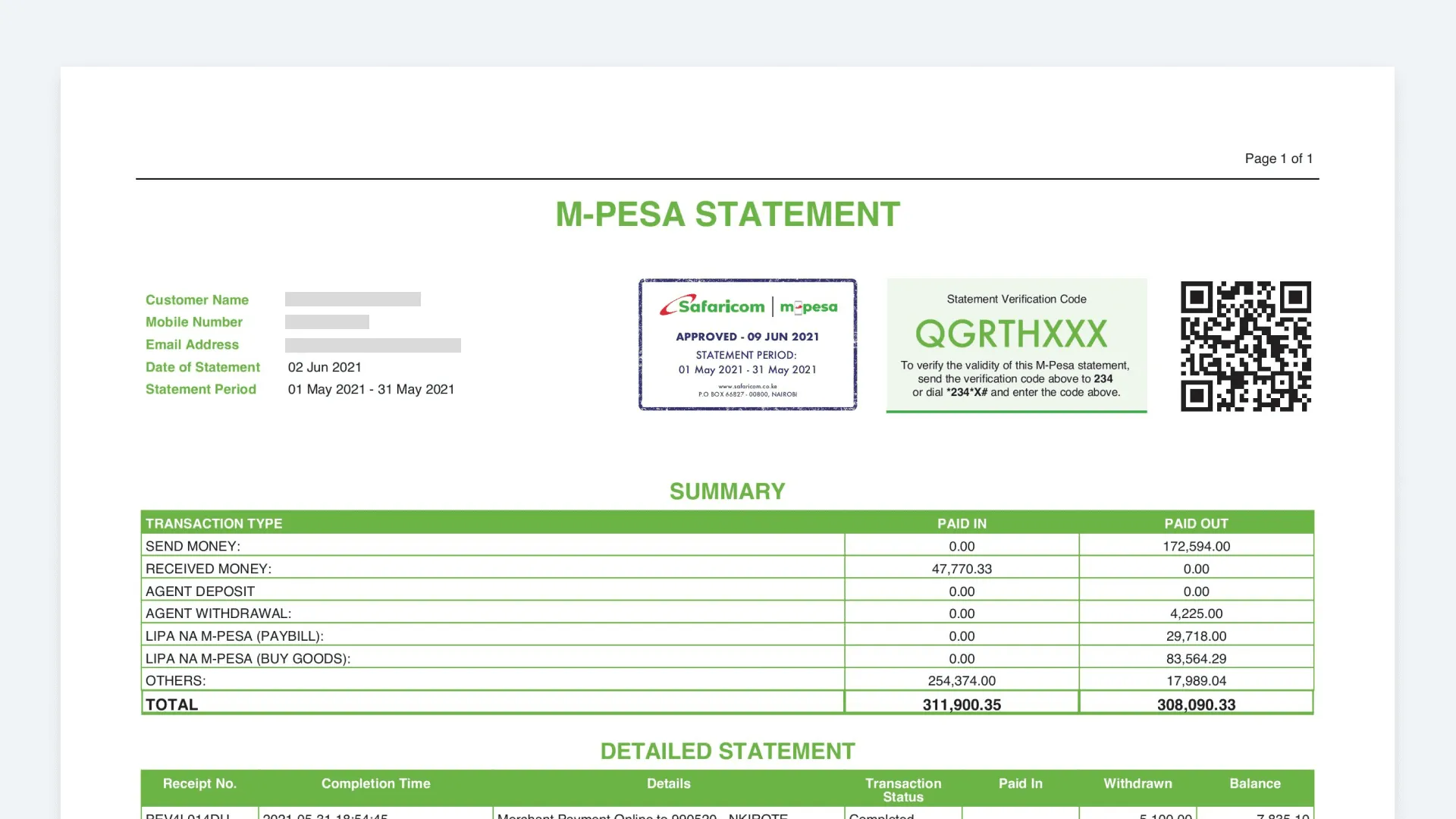 A verified M-PESA statement with a QR code and a digital stamp showing the statement verification code, above the summary and detailed transaction tables.