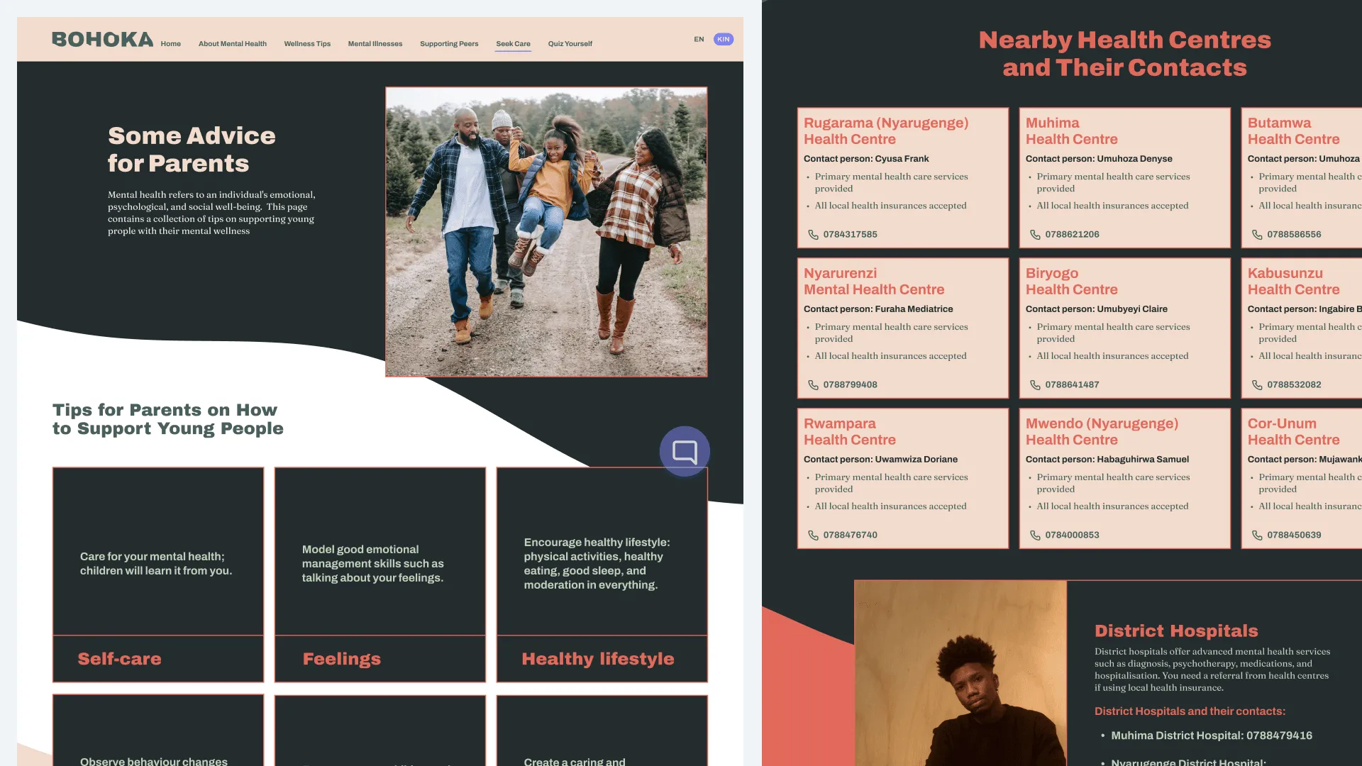 The Bohoka platform: a page of advice for parents on supporting young people, beside a list of nearby health centres and their contacts.